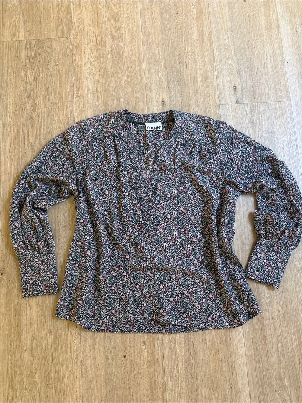 Ganni Floral Print Long-Sleeve Blouse With Pink & Blue Accents - 38